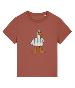 A womens Stanley/Stella short-sleeve crewneck t-shirt in a muted terracotta or rust color, featuring a cartoon graphic of a white goose with orange legs and a middle finger gesture on the chest.
