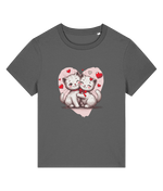 A womens dark gray short-sleeve t-shirt with a graphic print of two cute white kittens hugging inside a pink heart with small red hearts, shown on a plain white background.