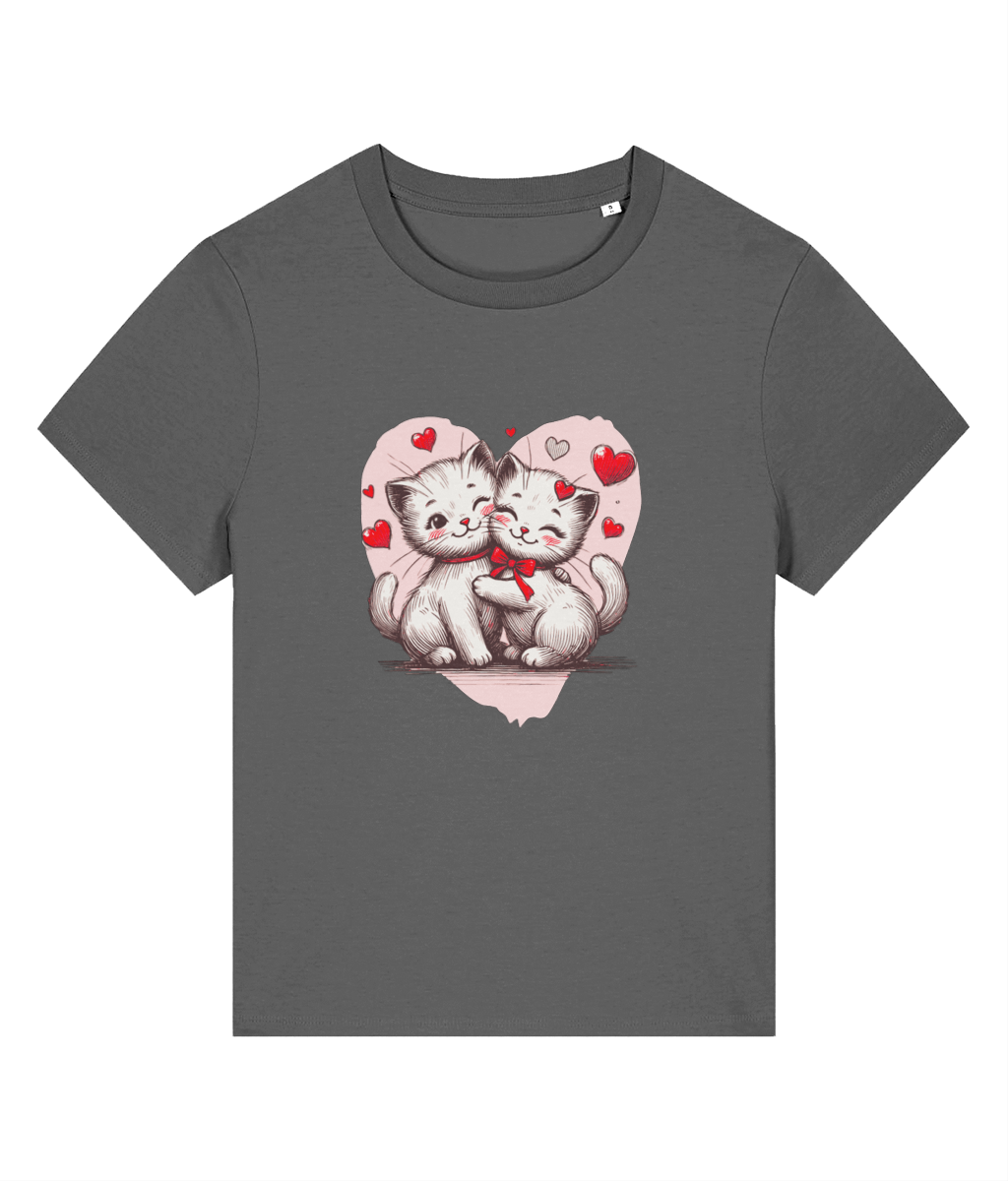 A womens dark gray short-sleeve t-shirt with a graphic print of two cute white kittens hugging inside a pink heart with small red hearts, shown on a plain white background.