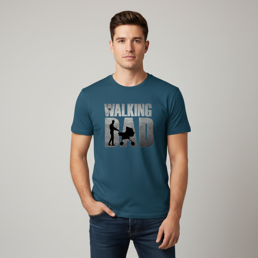 Blue t-shirt with 'The Walking Dad' graphic design on a white background