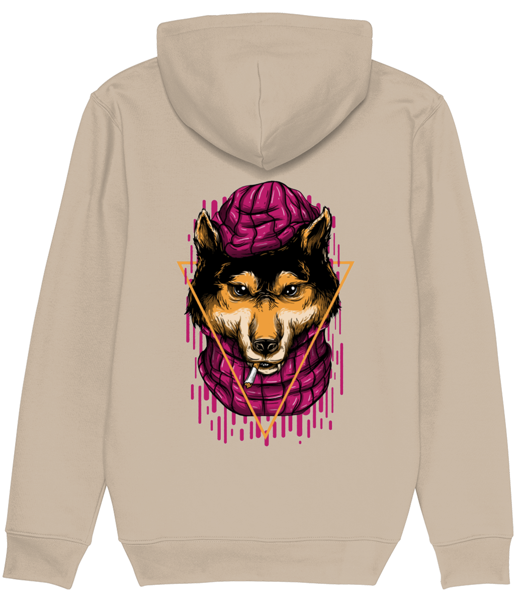 Men's Beige hoodie with a graphic of a dog wearing a pink beanie and scarf on the back.
