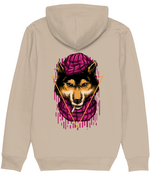 Men's Beige hoodie with a graphic of a dog wearing a pink beanie and scarf on the back.