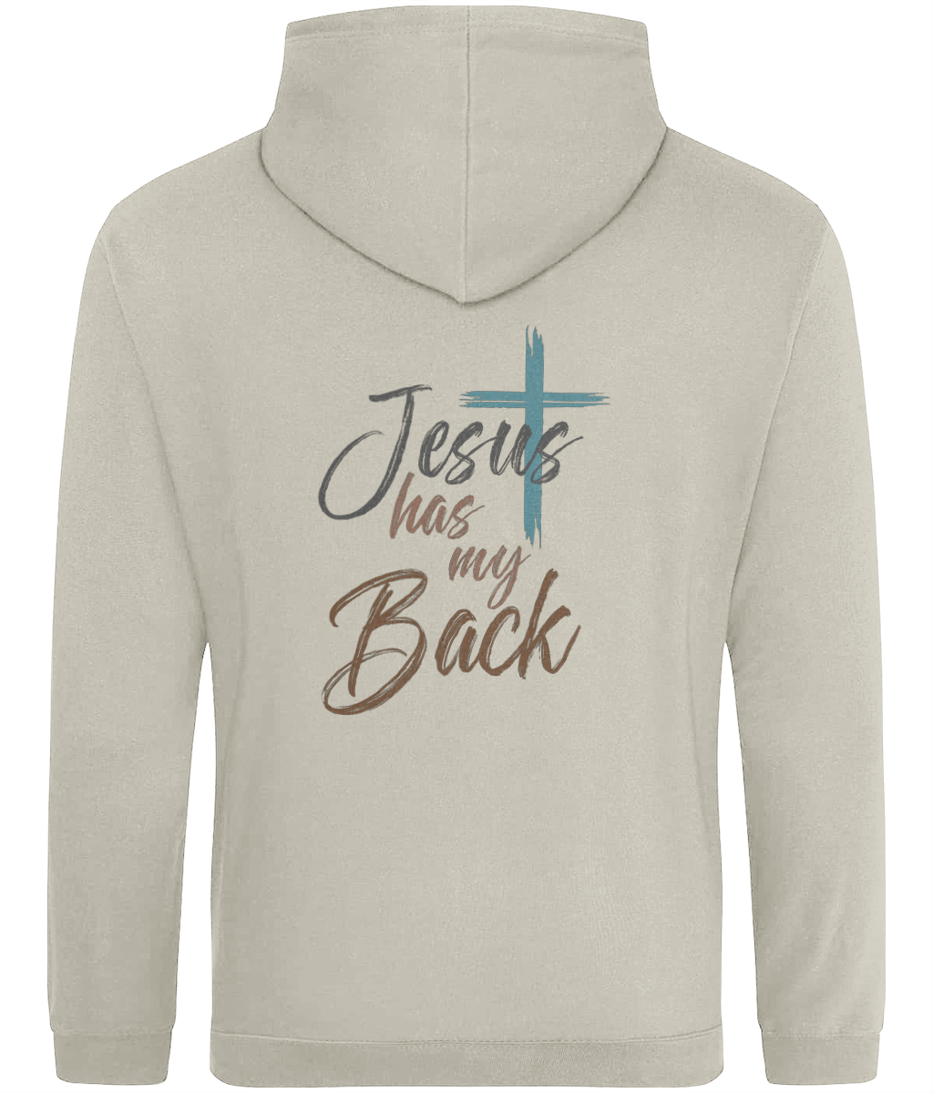 A light beige women's hoodie shown from the back, featuring a graphic print with the text 'Jesus has my Back' in gray and brown script, accented by a blue cross.