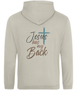 A light beige women's hoodie shown from the back, featuring a graphic print with the text 'Jesus has my Back' in gray and brown script, accented by a blue cross.