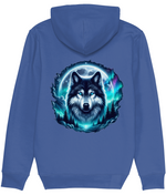 Men's Blue hoodie with a wolf graphic on the back against a white background