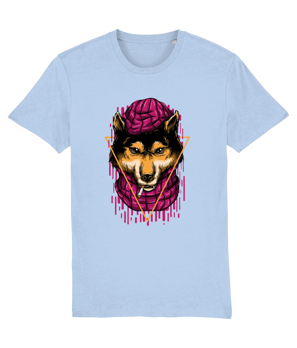Light blue t-shirt with a graphic of a dog wearing a pink brain helmet on a white background