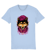 Light blue t-shirt with a graphic of a dog wearing a pink brain helmet on a white background