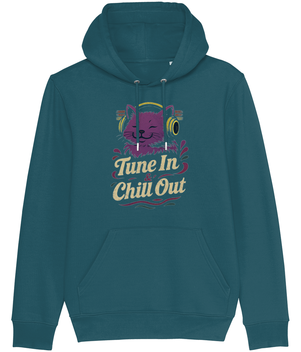 Women's Teal hoodie with a cat graphic and 'Tune In Chill Out' text on a white backgroundn