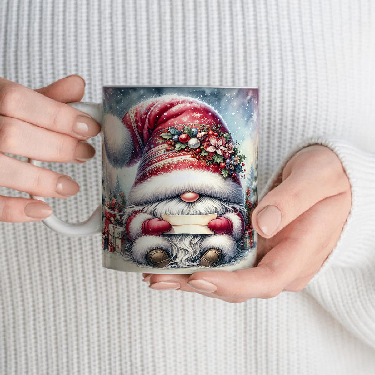 Mug with a festive gnome design held by a woman against a light gray background
