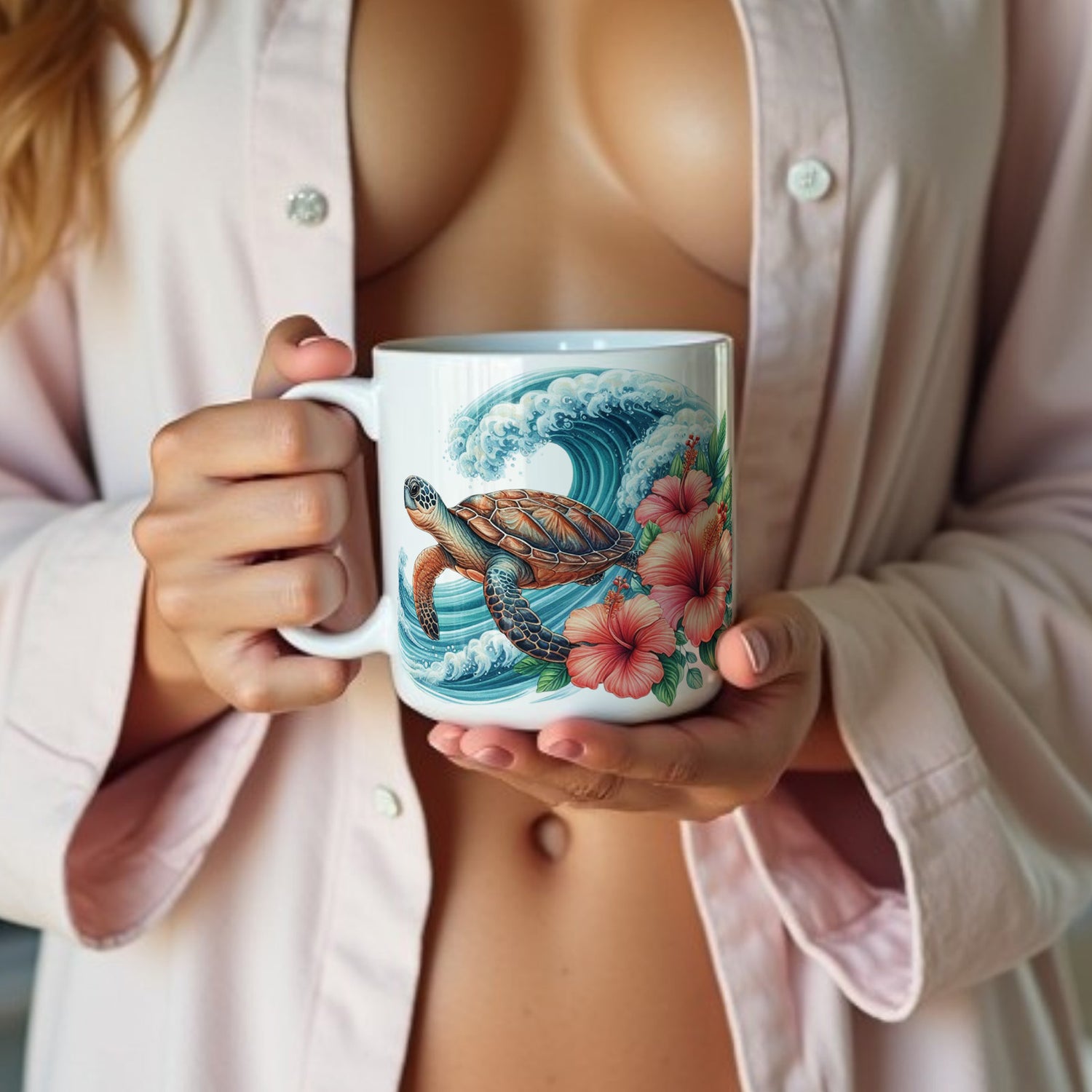 Tropical Hibiscus and Sea Turtle 11oz Coffee Cup
