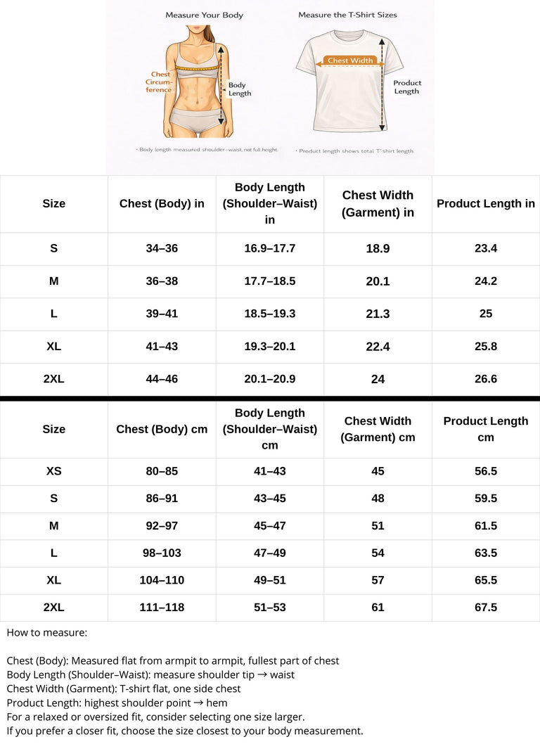 Measurement chart for T-shirt sizing with body measurements and product dimensions.