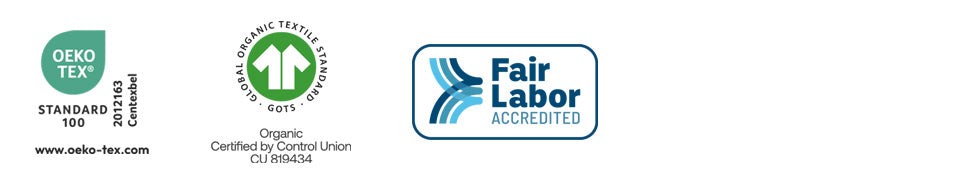 Three certification logos on a white background: Oeko-Tex, Organic, and Fair Labor Accredited.