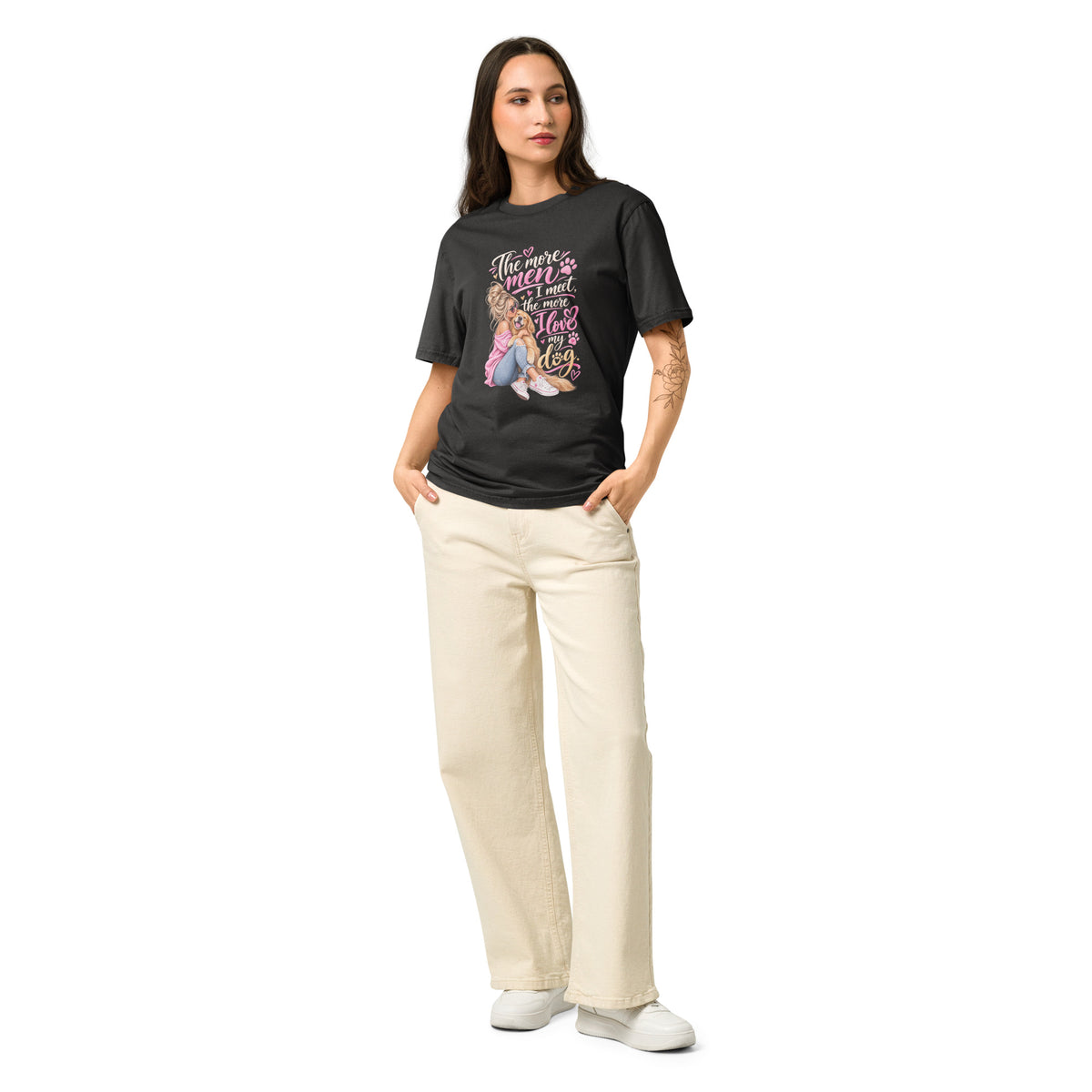 This women’s dog mom t shirt is made for dog lovers who appreciate a little humor and know that sometimes your dog is simply better company. With the playful phrase “The More Men I Meet The More I Love My Dog,” this dog lover t shirt adds personality and humor to everyday casual fashion.