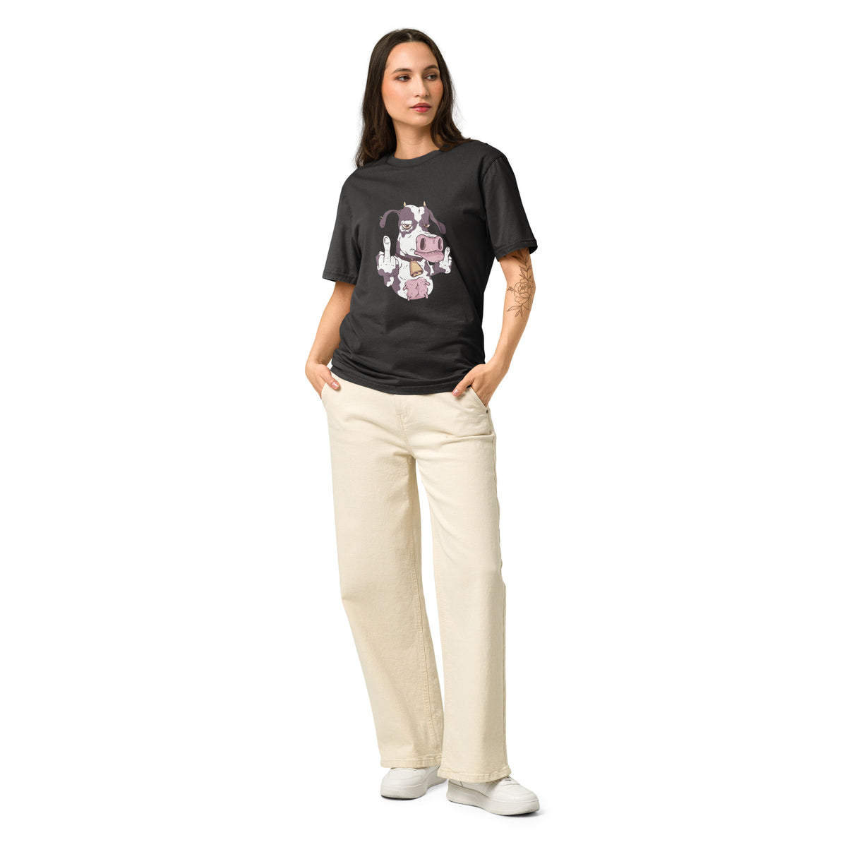 Funny Cow Giving the Finger Natural Organic Cotton T Shirt for Women.