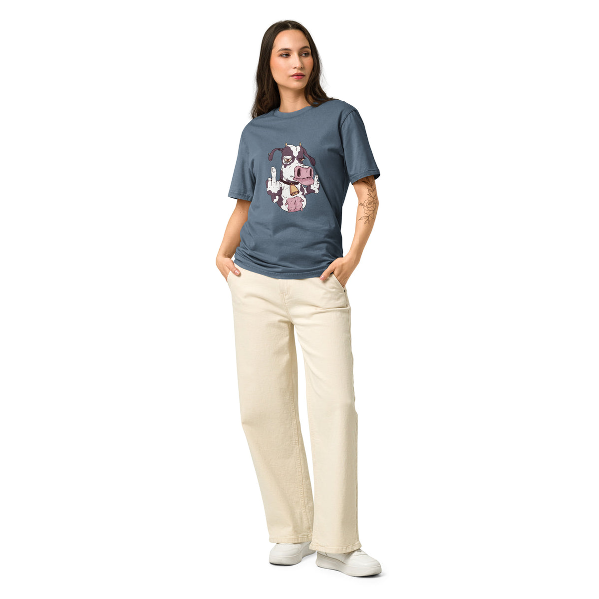 Funny Cow Giving the Finger Natural Organic Cotton T Shirt for Women.