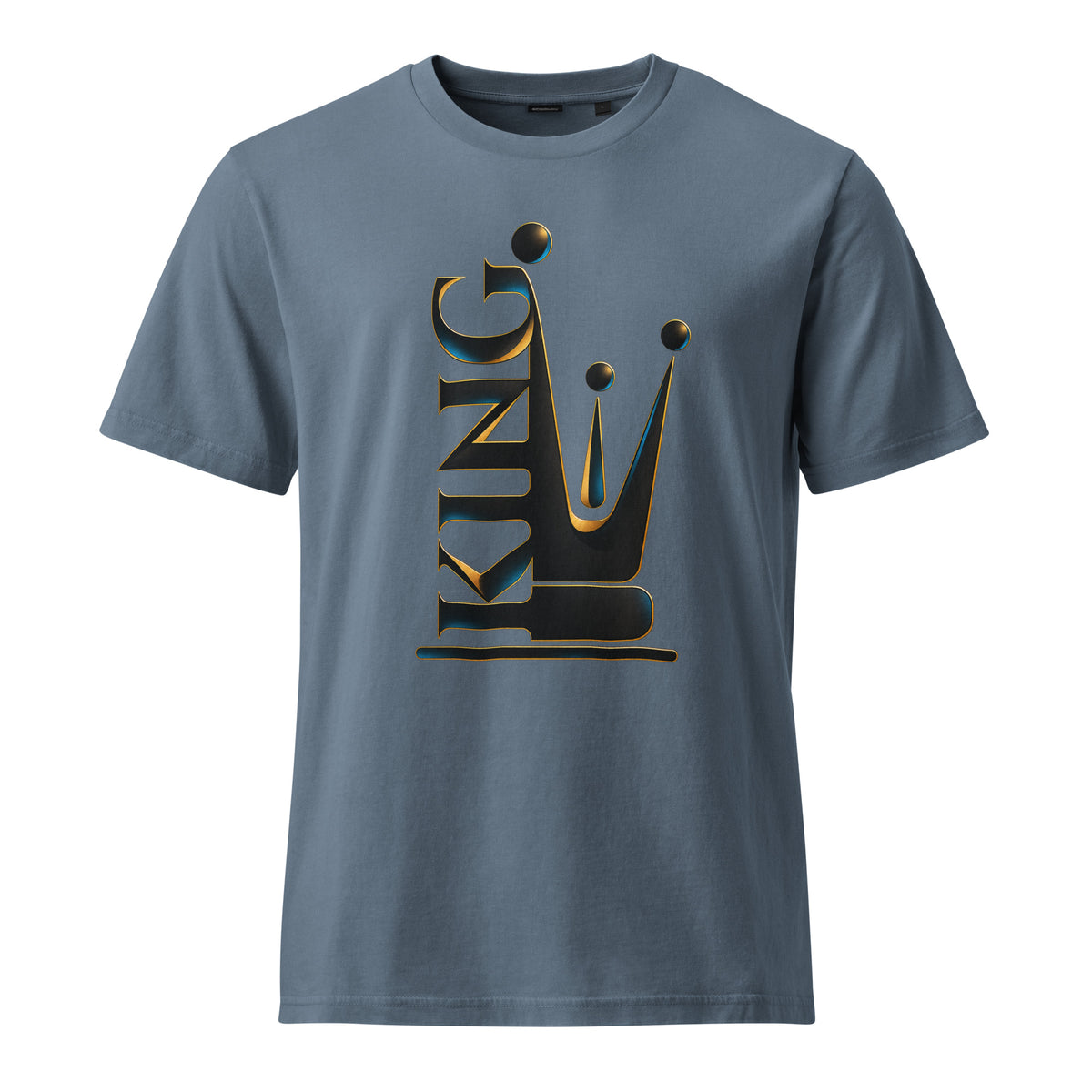 A slate blue crewneck t-shirt featuring a large graphic on the front that combines the word 'KING' with a crown design, outlined in gold and filled with a black gradient.