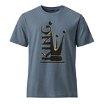 A slate blue crewneck t-shirt featuring a large graphic on the front that combines the word 'KING' with a crown design, outlined in gold and filled with a black gradient.