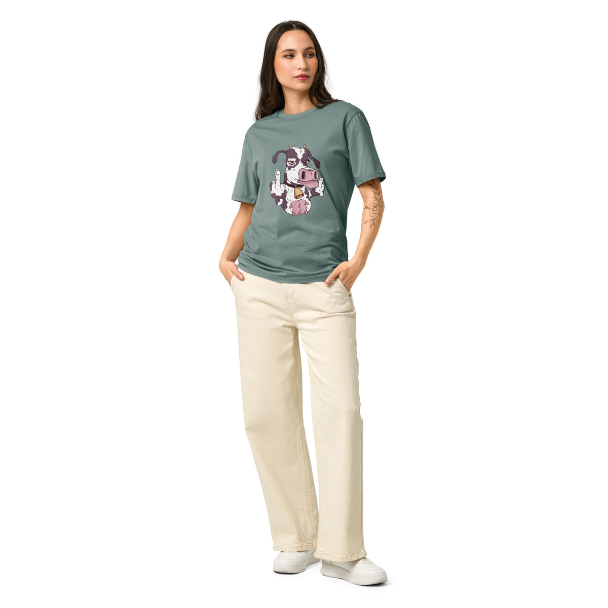 Funny Cow Giving the Finger Natural Organic Cotton T Shirt for Women.