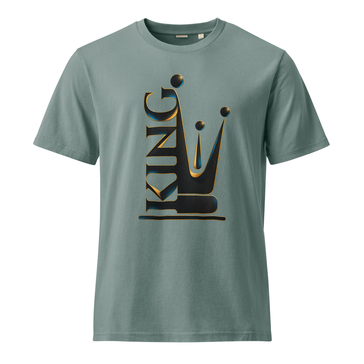 A sage green crewneck t-shirt featuring a large graphic on the chest that combines the word 'KING' with a stylized crown, rendered in black with a gold outline.