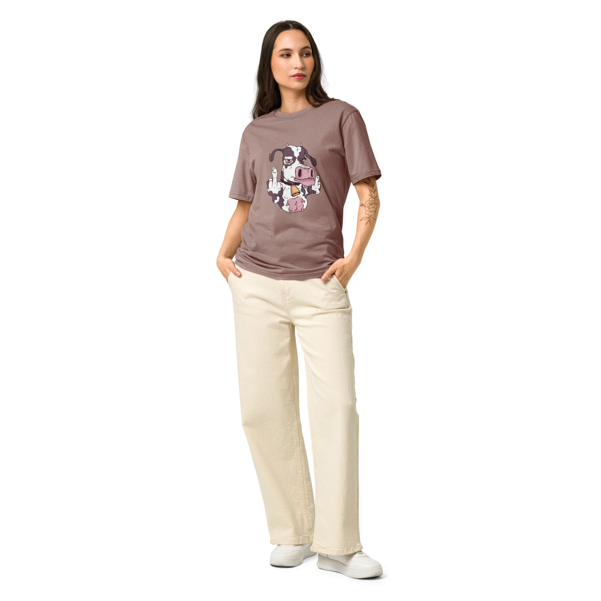 Funny Cow Giving the Finger Natural Organic Cotton T Shirt for Women.
