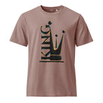 A dusty rose short-sleeve crewneck t-shirt featuring a large graphic on the chest that combines the word 'KING' with a stylized crown, rendered in black with a gold outline.