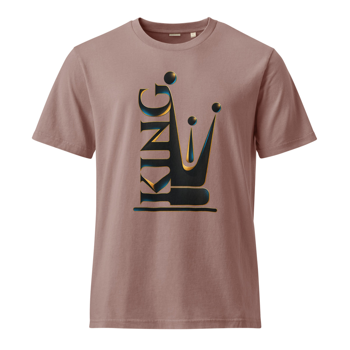 A dusty rose short-sleeve crewneck t-shirt featuring a large graphic on the chest that combines the word 'KING' with a stylized crown, rendered in black with a gold outline.