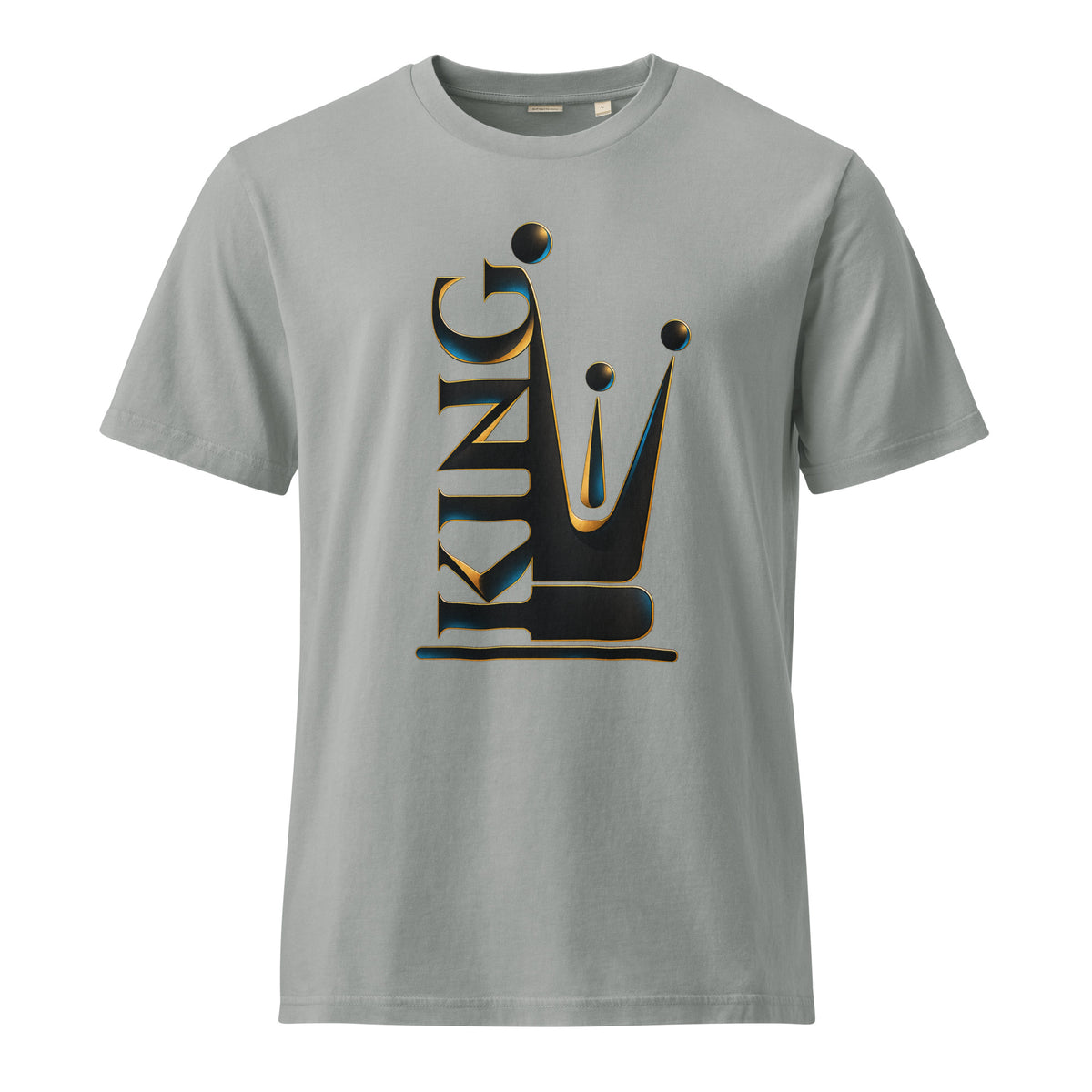 A light gray mens crewneck t-shirt featuring a large graphic on the chest that combines the word 'KING' with a stylized crown, rendered in black with a gold and blue 3D shadow effect.