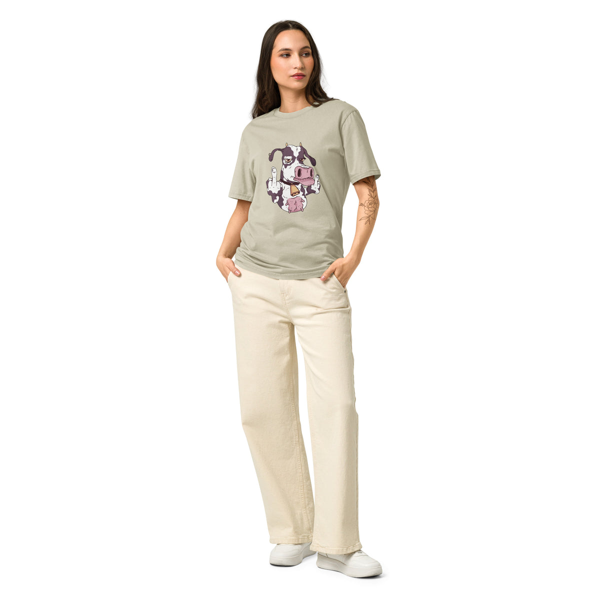 Funny Cow Giving the Finger Natural Organic Cotton T Shirt for Women.