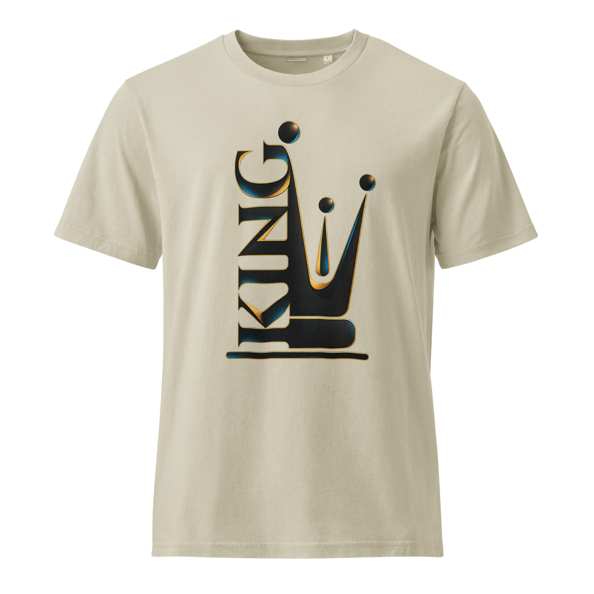 A beige mens crewneck t-shirt featuring a large graphic on the front that combines the word 'KING' with a stylized crown, rendered in black with a subtle gold outline.