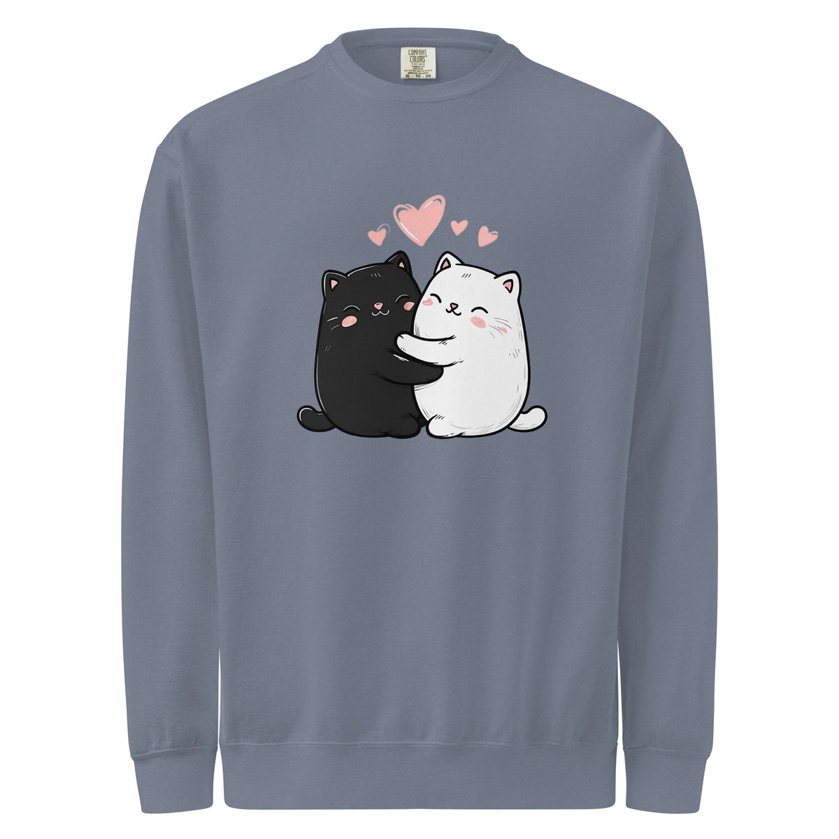 Comfort Colors 1566 Gray sweatshirt with black and white cat illustration and pink hearts on a white background