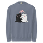 Comfort Colors 1566 Gray sweatshirt with black and white cat illustration and pink hearts on a white background