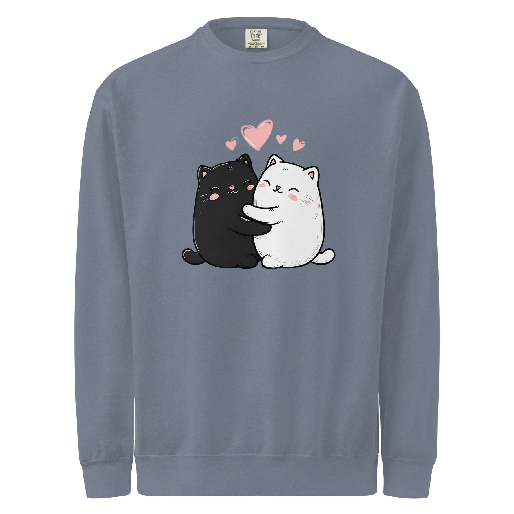 Comfort Colors 1566 Gray sweatshirt with black and white cat illustration and pink hearts on a white background