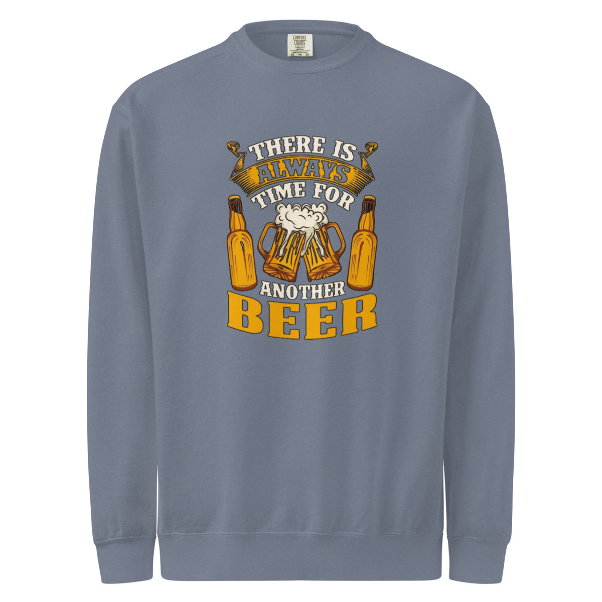 Gray sweatshirt with beer-themed graphic and text on a white background