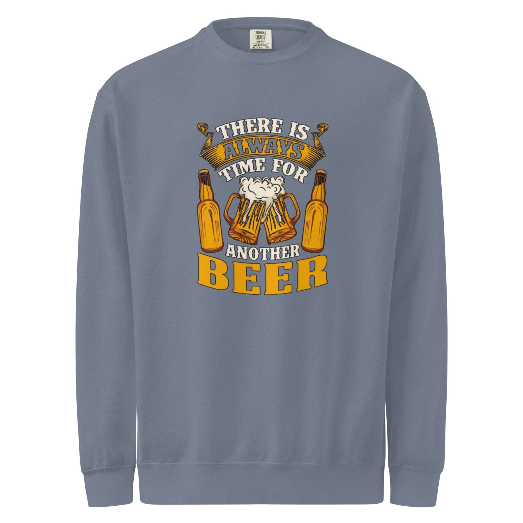 Gray sweatshirt with beer-themed graphic and text on a white background