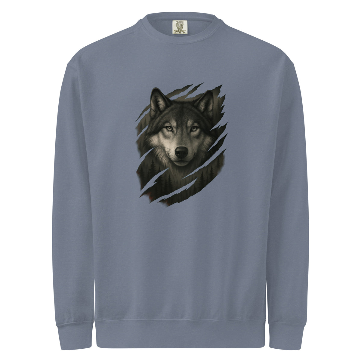 Gray mens sweatshirt with a wolf graphic on a white background