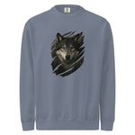 Gray mens sweatshirt with a wolf graphic on a white background