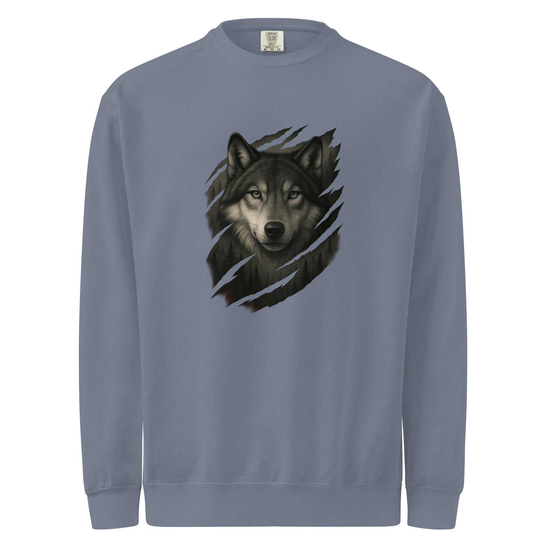 Gray mens sweatshirt with a wolf graphic on a white background