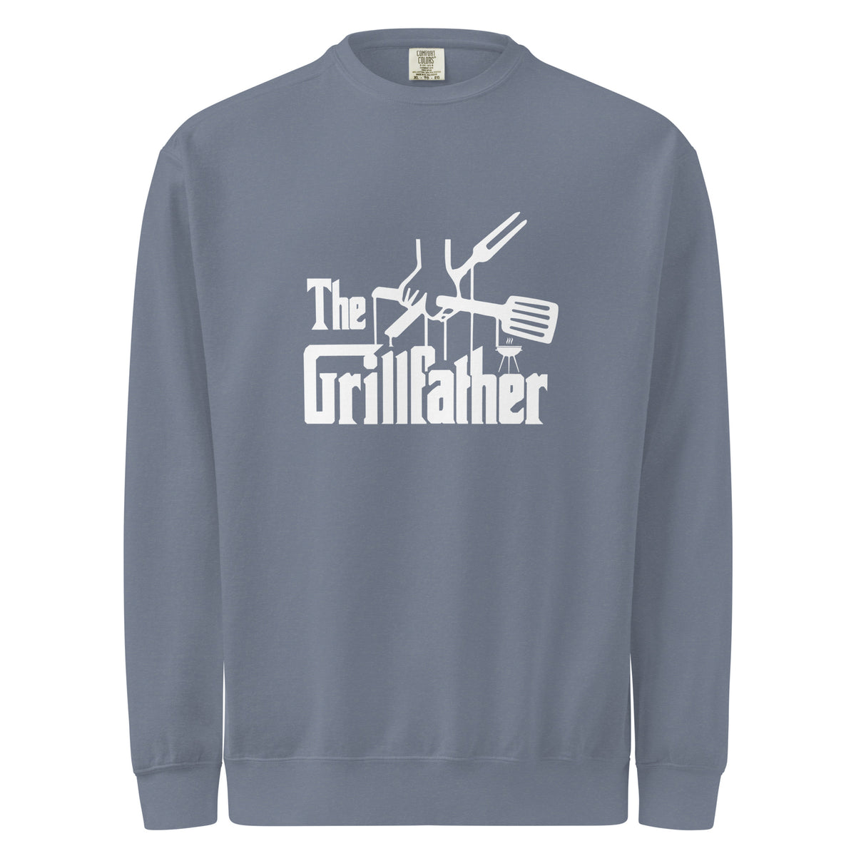 Gray sweatshirt with 'The Grillfather' graphic design on a white background