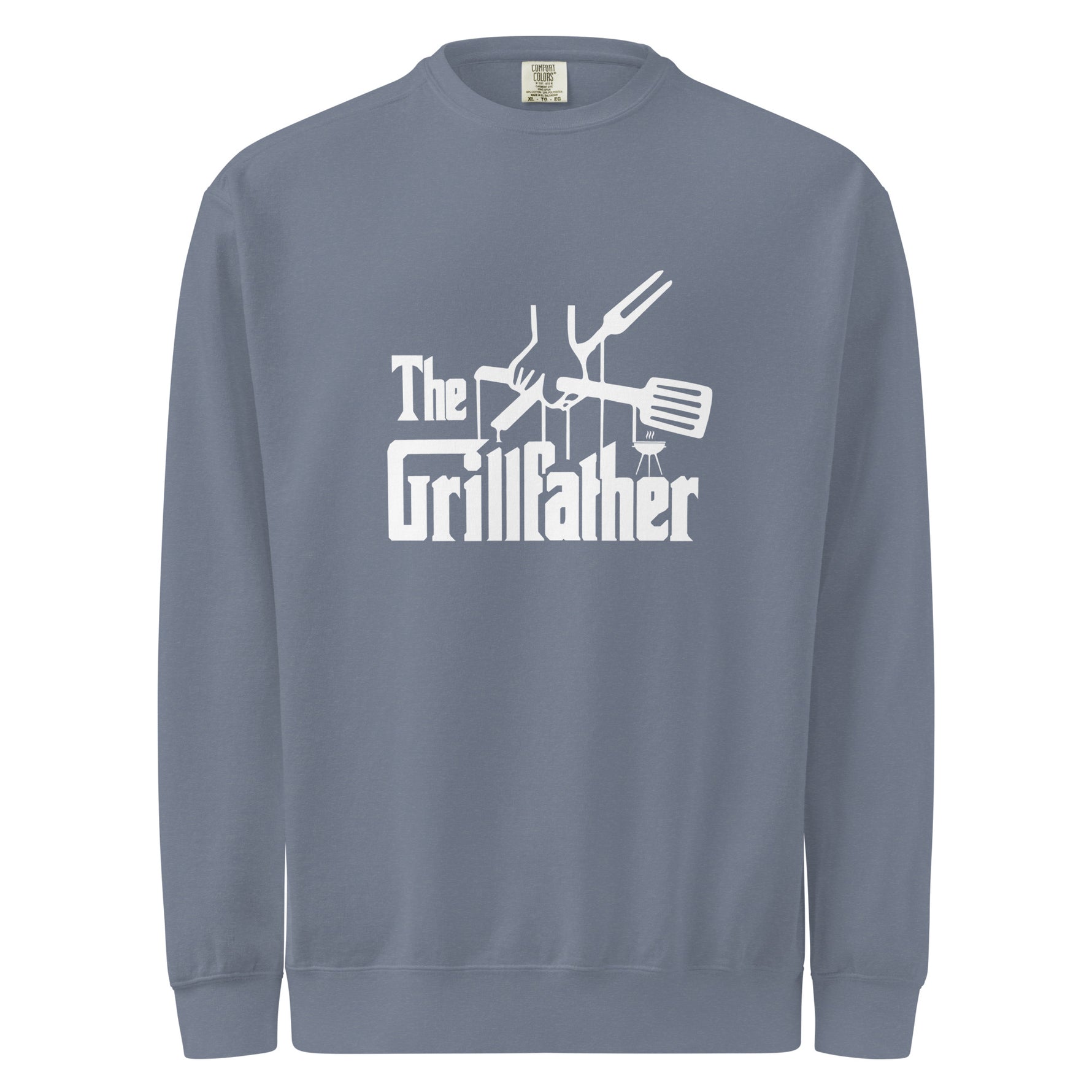 Gray sweatshirt with 'The Grillfather' graphic design on a white background