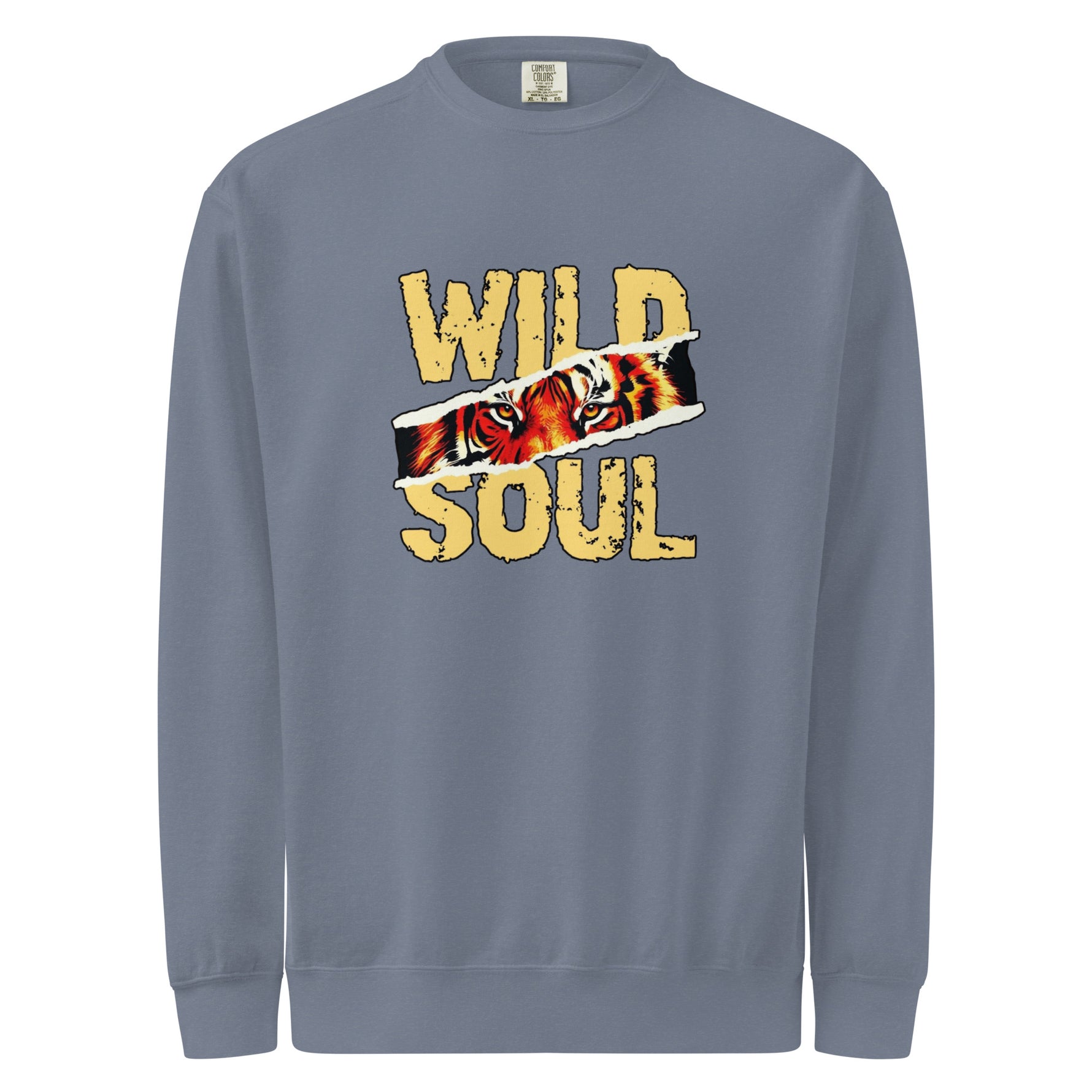 Mens gray sweatshirt with 'Wild Soul' design featuring a tiger on a white background