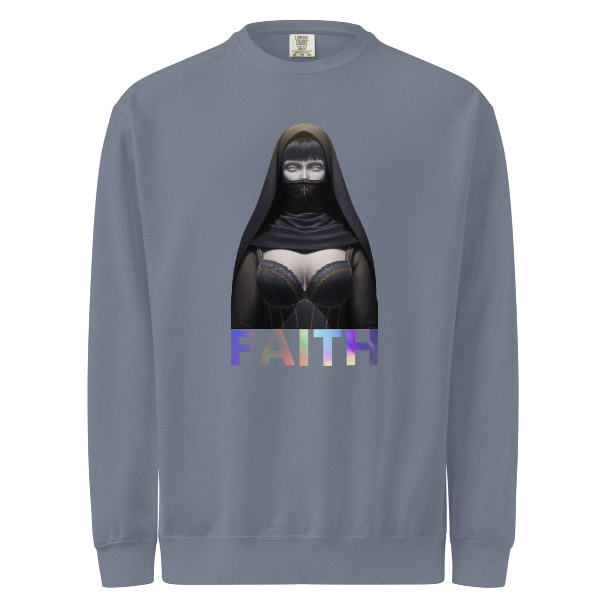 Comfort Colors Gray sweatshirt with a graphic design of a hooded figure and the word 'FAITH' on a white background