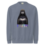Comfort Colors Gray sweatshirt with a graphic design of a hooded figure and the word 'FAITH' on a white background