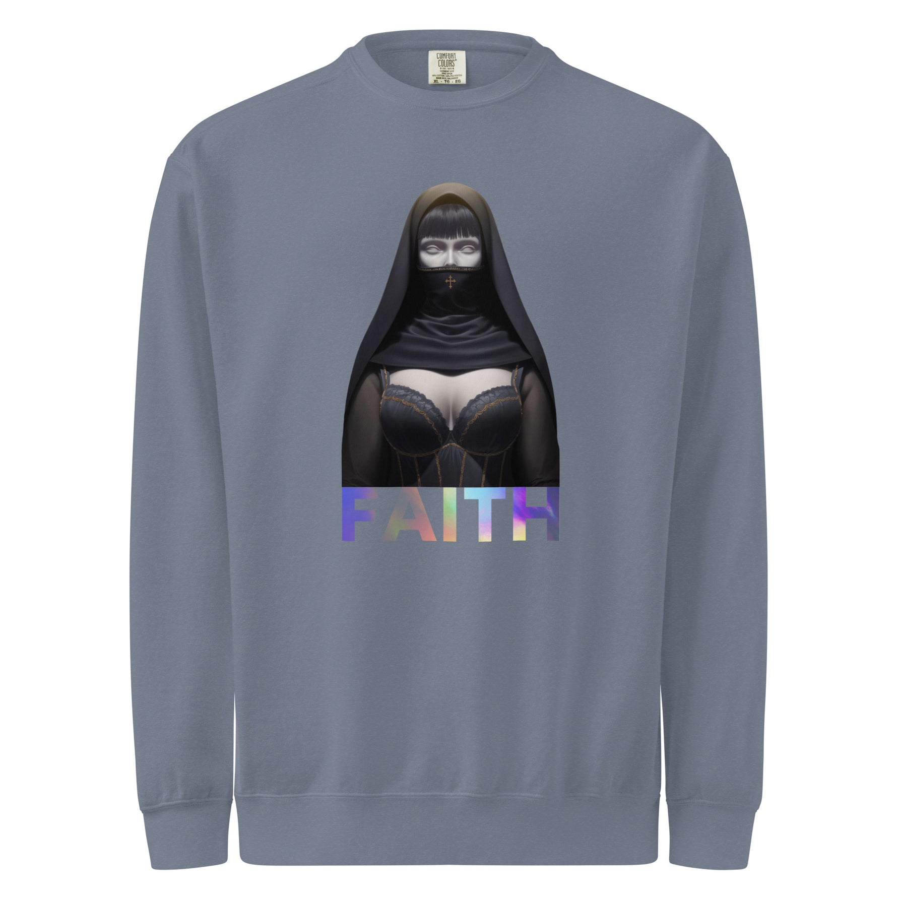 Comfort Colors Gray sweatshirt with a graphic design of a hooded figure and the word 'FAITH' on a white background