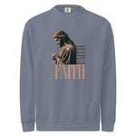 Comfort Colors gray sweatshirt with a graphic of a praying figure and the word 'FAITH' on a white background