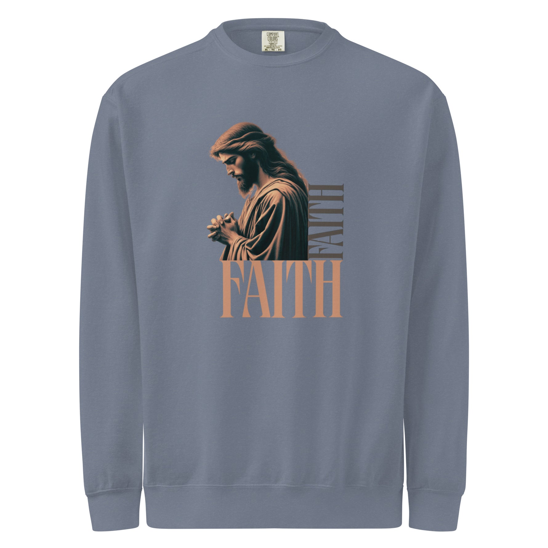 Comfort Colors gray sweatshirt with a graphic of a praying figure and the word 'FAITH' on a white background