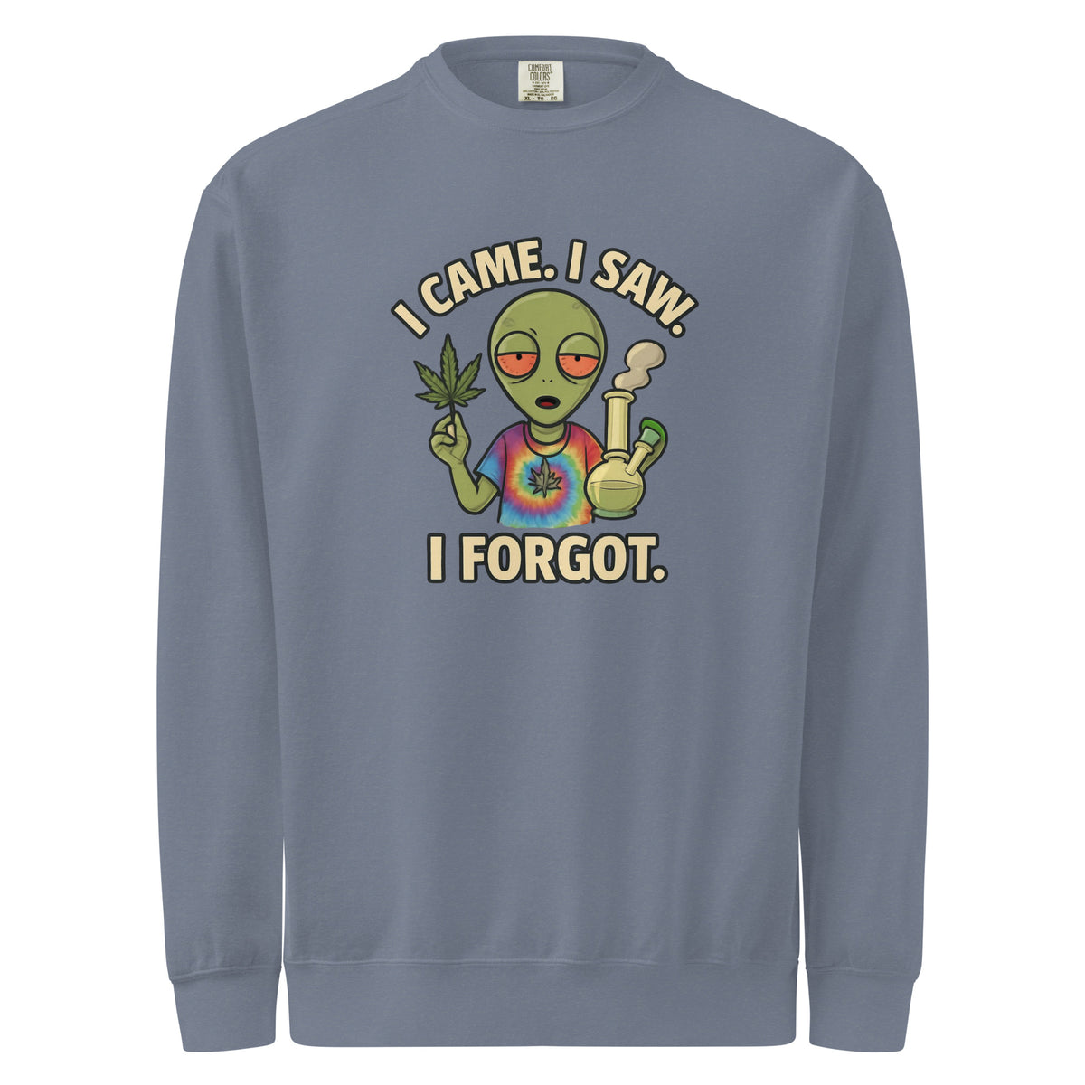 Gray sweatshirt with an alien graphic and text 'I Came. I Saw. I Forgot.' on a white background