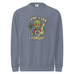 Gray sweatshirt with an alien graphic and text 'I Came. I Saw. I Forgot.' on a white background
