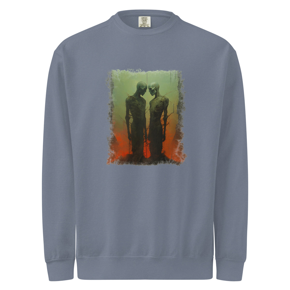 Gray sweatshirt with a graphic design of two figures on a white background