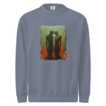 Gray sweatshirt with a graphic design of two figures on a white background