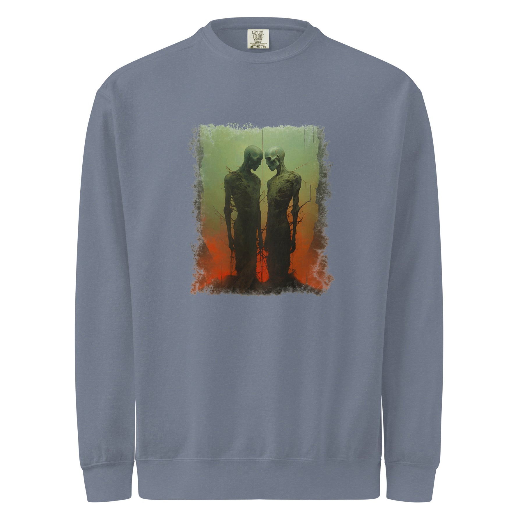 Gray sweatshirt with a graphic design of two figures on a white background